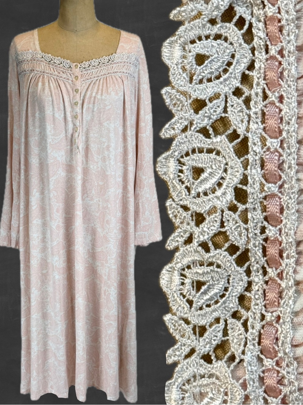 VINTAGE pastel cottage pink nightgown cotton lace satin ribbon trim long sleeve